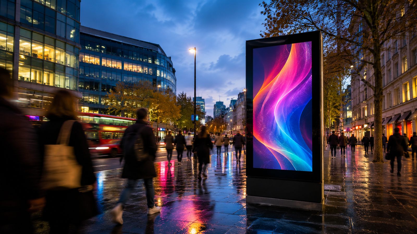 Digital advertising totem glowing on a city street at dusk