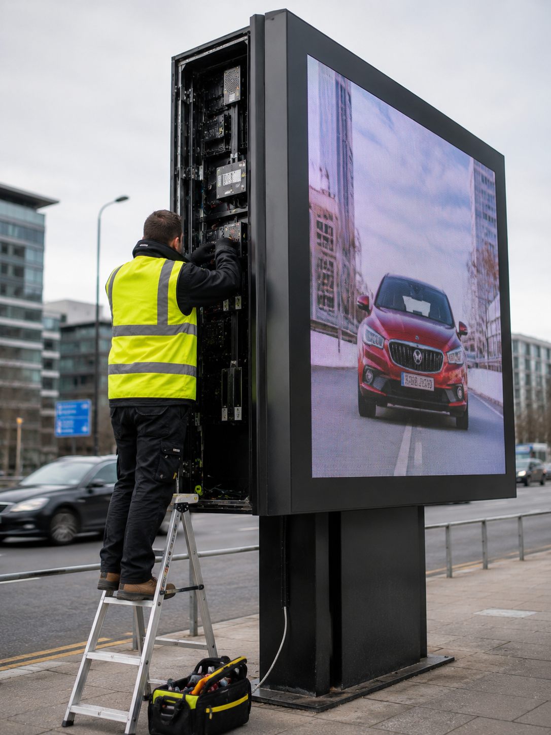 Engineer installing equipment inside a street-side digital screen enclosure