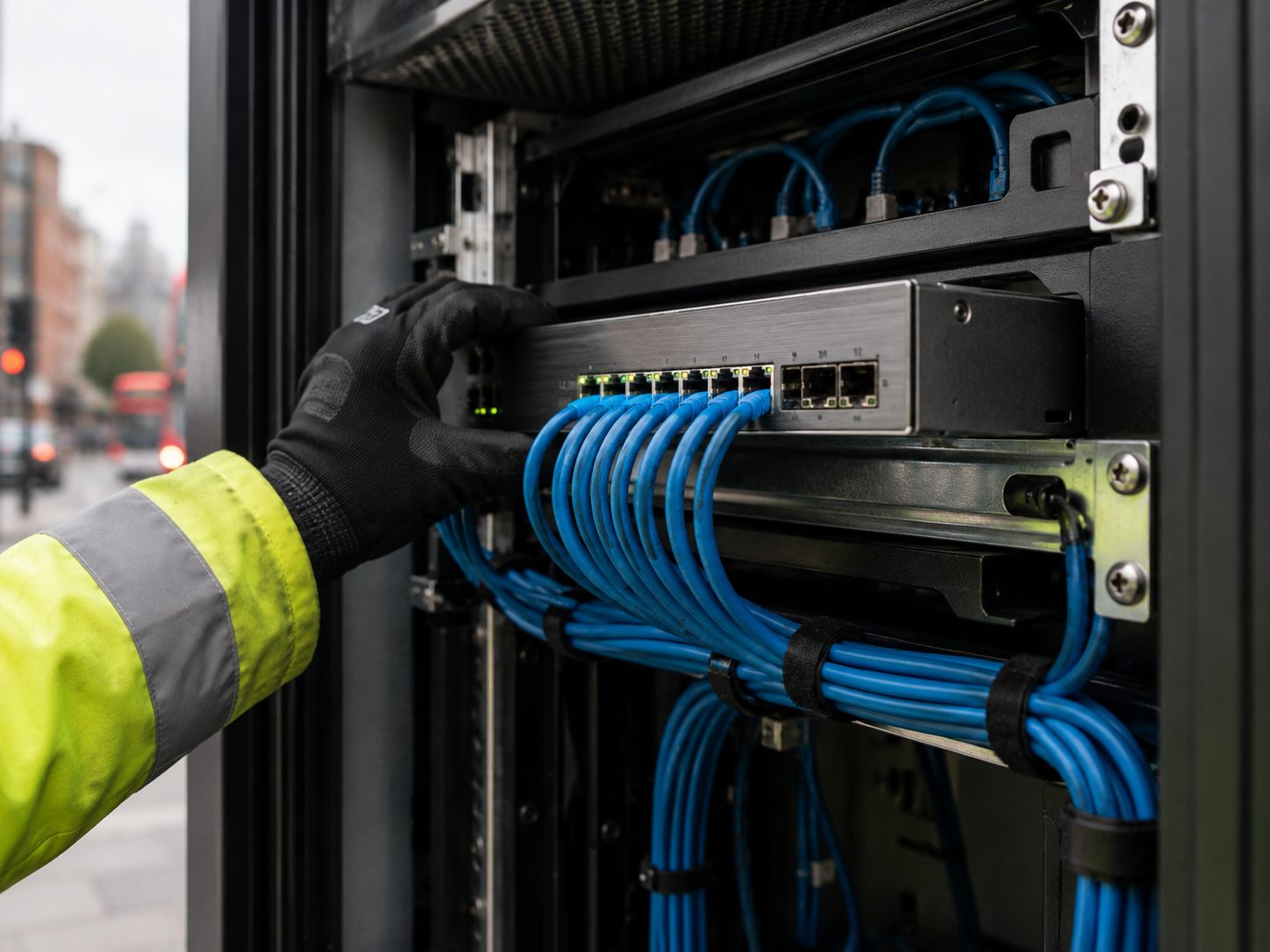 Network switch and structured cabling being fitted inside a digital signage head