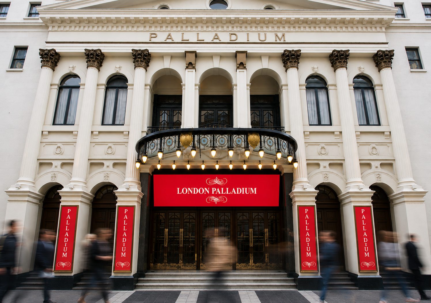 The London Palladium frontage with its red LED marquee and vertical PALLADIUM banner displays
